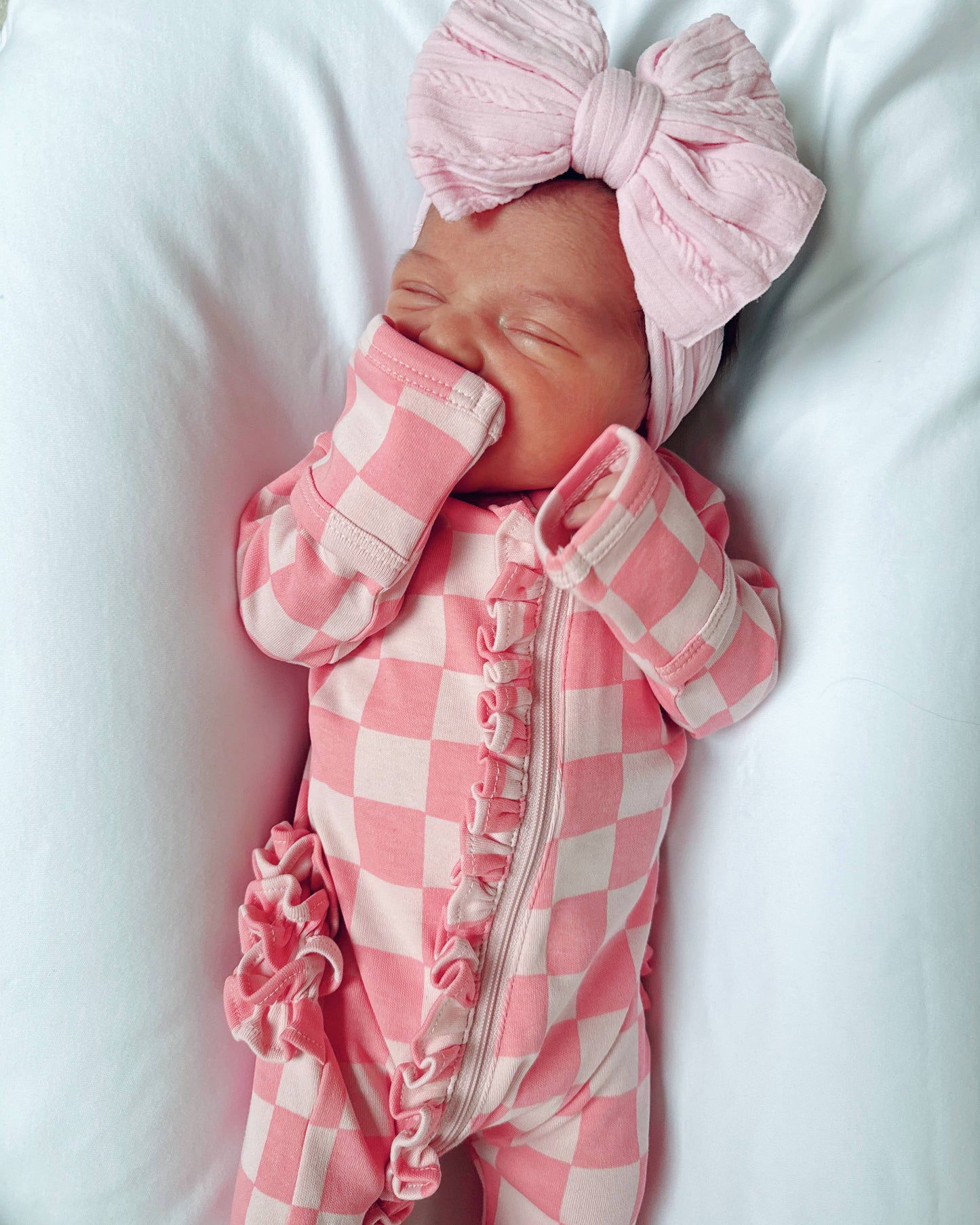 Strawberry/Rosy Checkerboard / Organic Frill Zip Footie