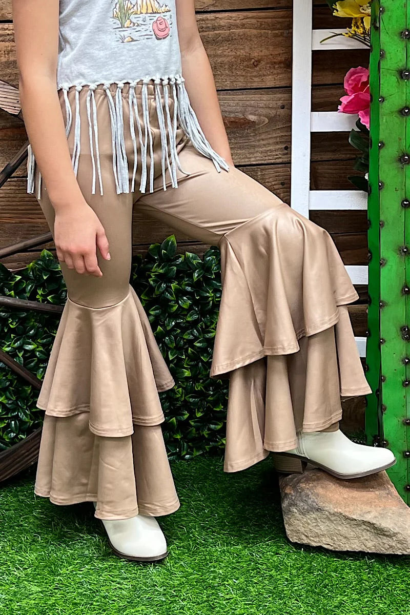 TAN FAUX LEATHER DOUBLE LAYER BELL PANTS