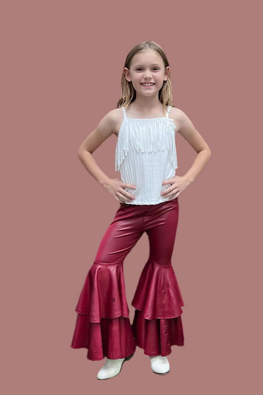 BURGUNDY FAUX LEATHER DOUBLE LAYER BELL PANTS