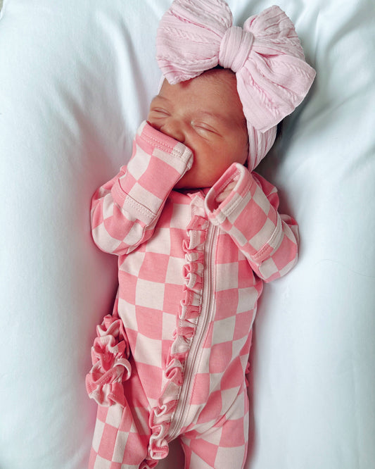 Strawberry/Rosy Checkerboard / Organic Frill Zip Footie